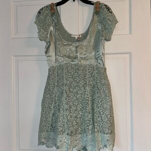 LoveShackFancy Teal Silk and Lace Dress with Rose Sleeves